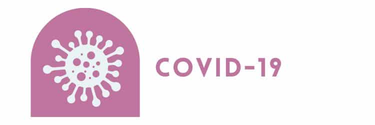 Text reading "COVID-19" next to image of a virus molecule